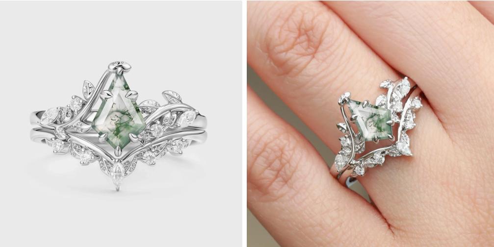 moss agate wedding ring set