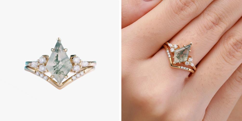 moss agate wedding ring set